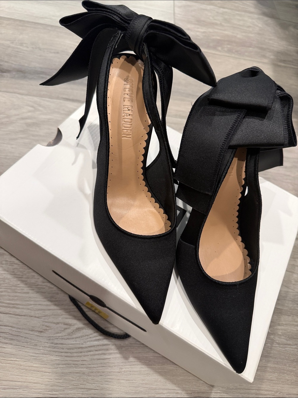Steve Madden Black Satin Pointed-Toe Pumps with Bow Ankle Tie